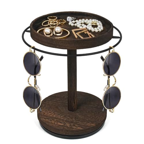 LingLingo Sunglasses Organizer 360 Rotating Eyeglass Holder Stand with Wood Tray and Base Eye Glass Display Rack for Multiple Sunglass Storage for Table Dresser Nightstand Desk