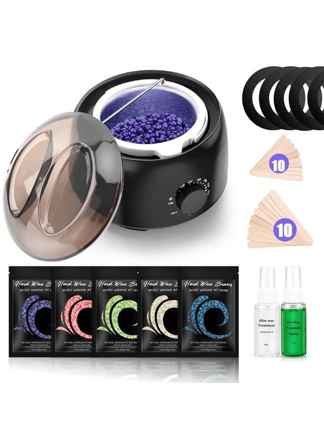 Waxing Kit - TIKESI Wax Warmer for Hair Removal, Hard Wax Kit with 14oz 5 Bags Hard Wax Beans for Full Body, Legs, Face, Eyebrows, Bikini, Brazilian Waxing Kit for Women Men