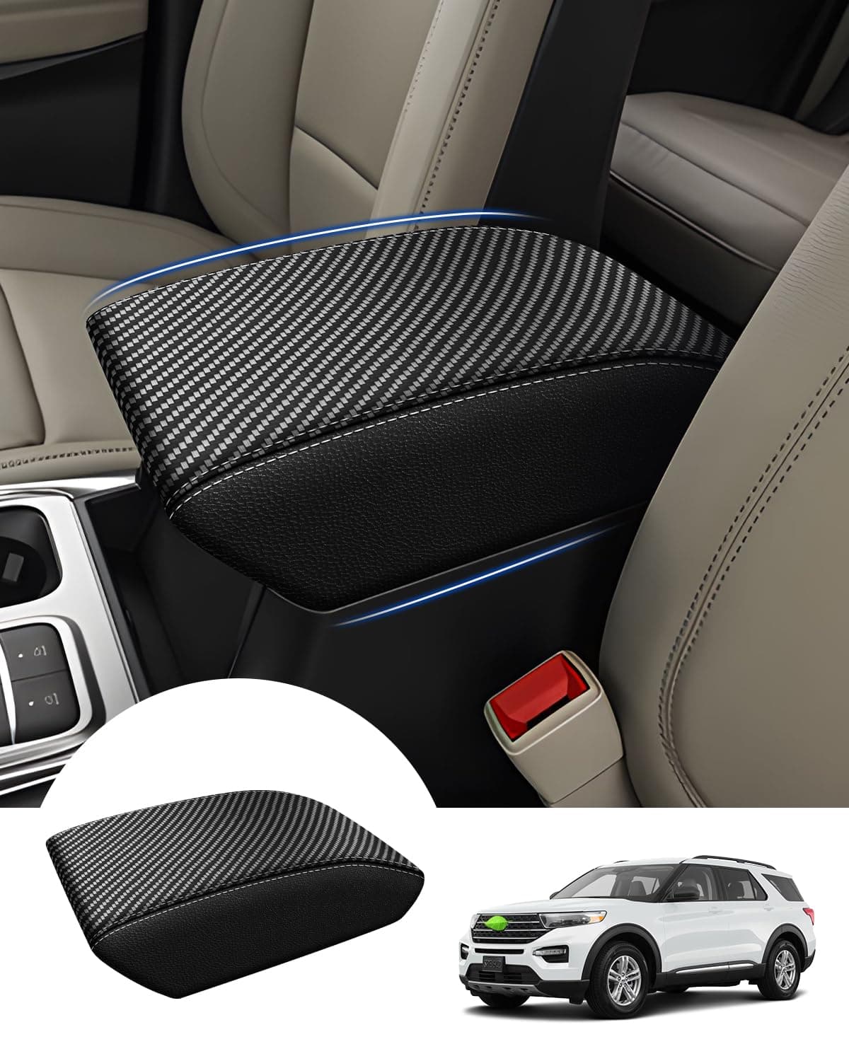 Autorder Center Console Cover for Ford Explorer 2020-2025 Accessories Armrest Cover Carbon Fiber Anti-Scratch Middle Console Pad Leather Armrest Protector