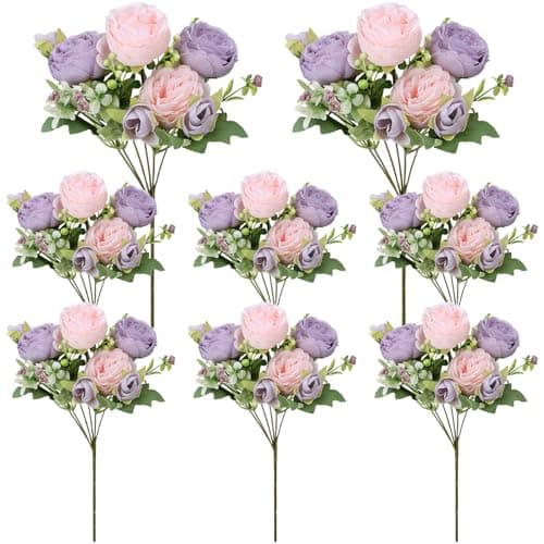 Ovveroche 8 Pack Pink, Purple Peonies Artificial Flowers, Fake Silk Hydrangea Bouquet for Bridal Wedding Home Table Decor Reusable Dining Opening Ceremony Birthday Arrangement Faux Floral