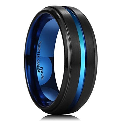 King Will Tungsten Carbide Wedding Band for Men Women-8mm Blue with Grooved Center Wedding Ring Beveled Stepped Edge Suitable for Work, Gym Comfort Fit Size 9