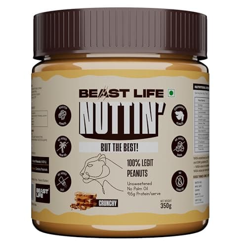 BeastLife Crunchy Natural Peanut Butter | 24.5 G Protein | 350 gm | 100% Peanuts, High Protein | Zero Palm Oil | Non‑GMO Nut Butter | Fitness-Friendly Spread | Zero Cholesterol