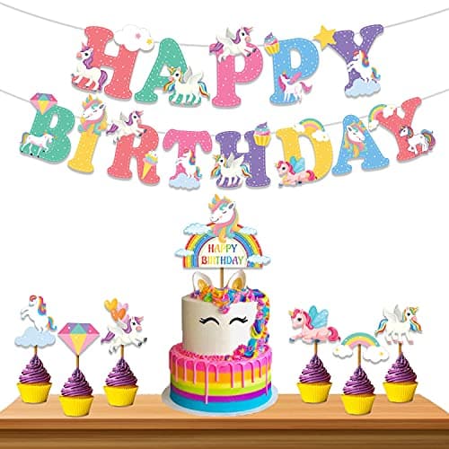 Festiko® Unicorn Theme Happybirthday Theme Party Decoration Combo (8 Pcs), Unicorn Themes Party Favors for Kids Birthday Decoration(Banner/Bunting, Cake Toppers,Cup Cake Topper,Ribbons)