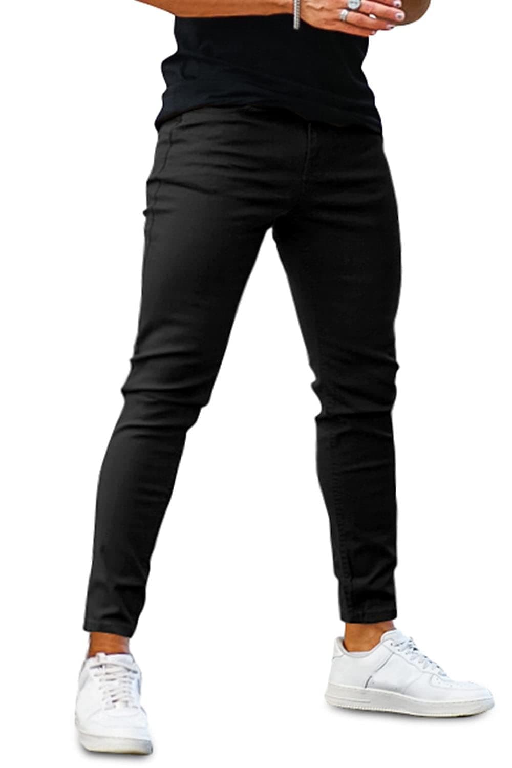 GINGTTO Skinny Jeans Men Fashion Designer Slim Fit Stretch Waist Tapered Leg(32W x 30L, Black)