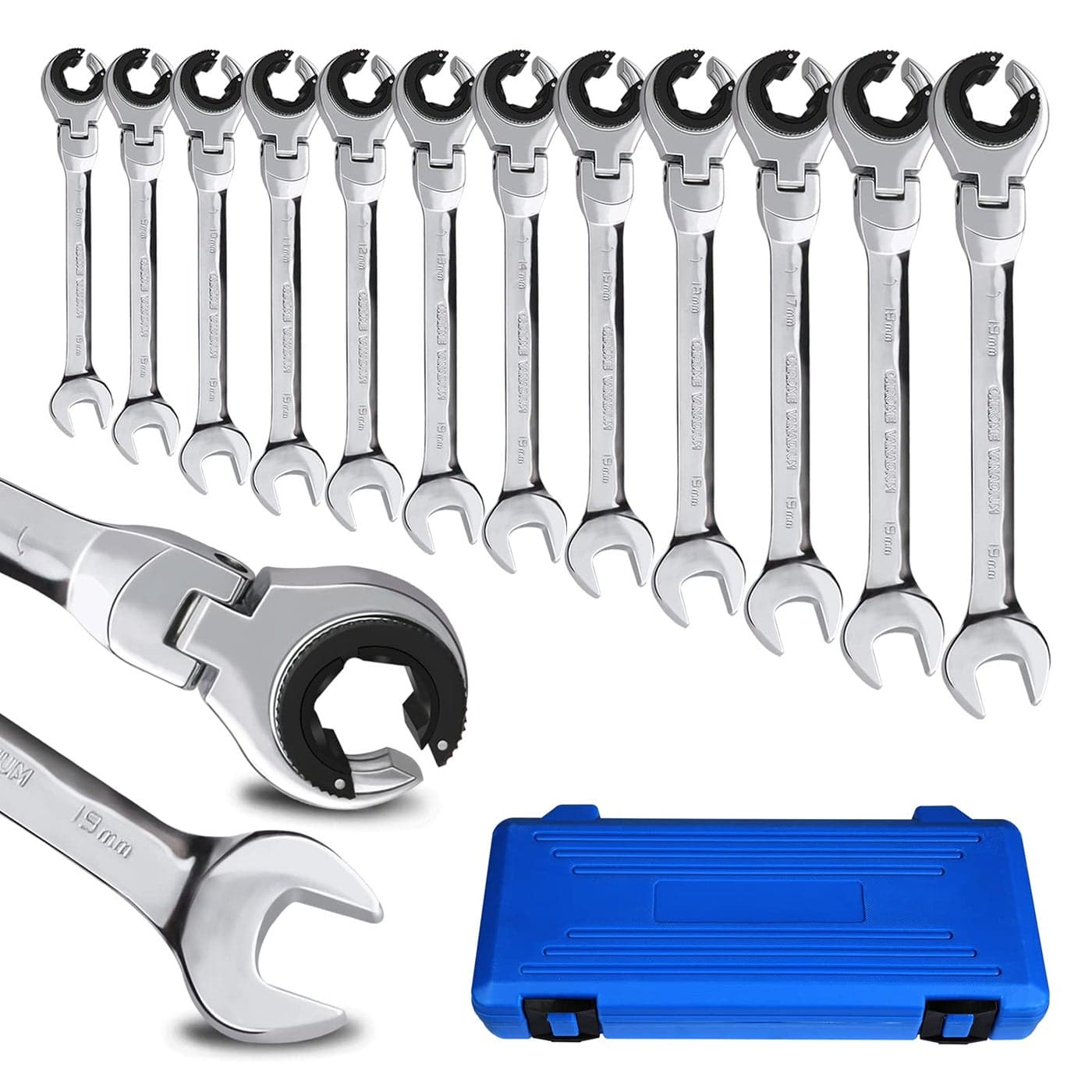 LOSCHEN Metric Open FlexHead Ratcheting Wrench Combination 12 Pcsset 819mm Metric Spanner with 72 Teeth Chrome Vanadium Steel Tubing Ratchet US and European Patents
