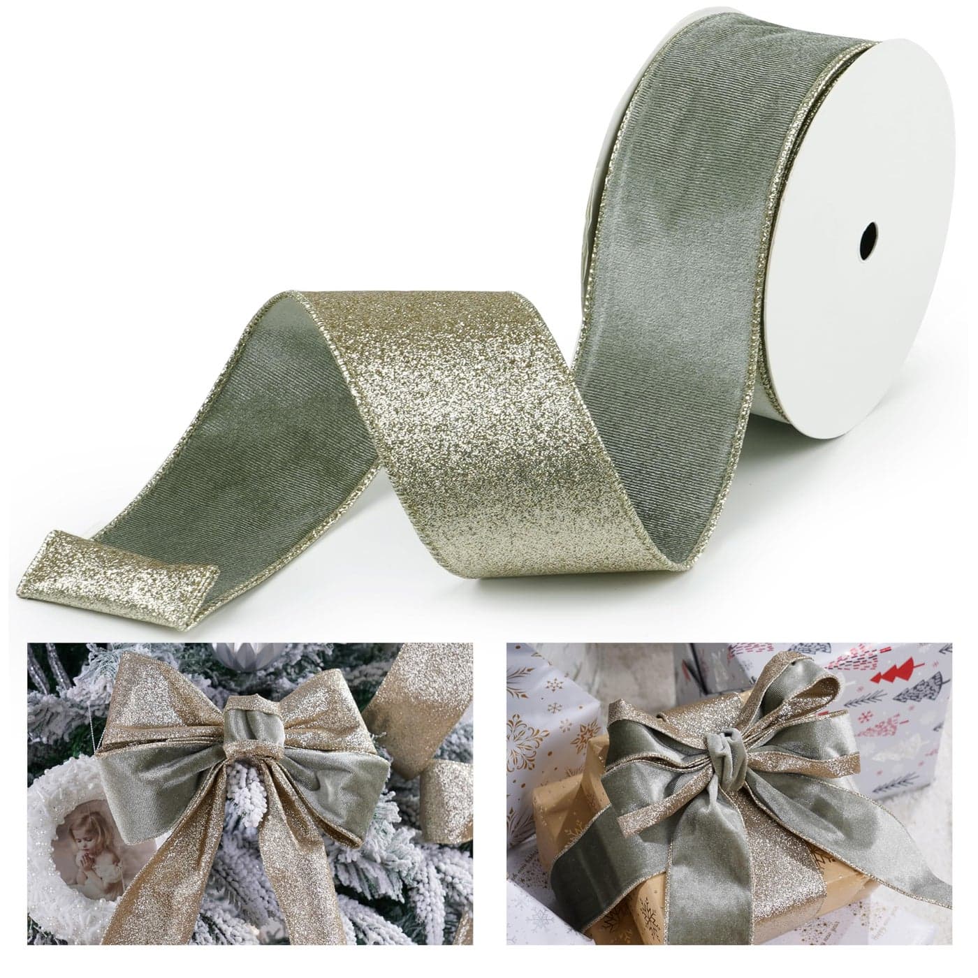 LIZLOVESS Sage Green Velvet Wired Ribbon with Glitter Back 25 Inch Green and Gold Christmas Ribbon Wired Ribbon for Christmas Tree Gift Wrapping Crafts Wreaths Supplies Topper Bows 10 Yards