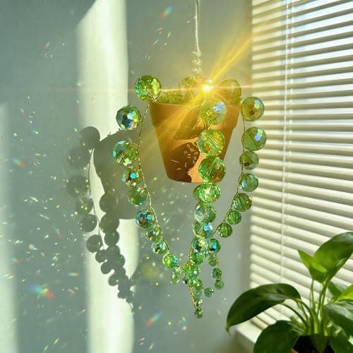 Bling Suncatcher String of Beads Plant Hanging Handcrafted Crystal Succulent Sun Catchers for Window Hanging Gardenn Crystal Sun Catcher Plant Lover Gift Mom Gifts Green