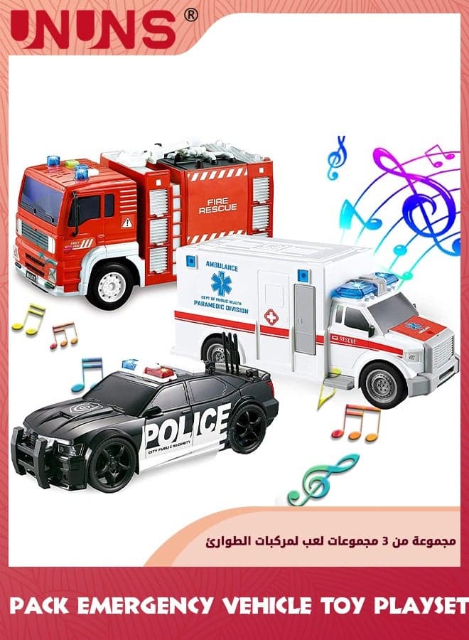 3 Pack Emergency Vehicle Toy Playsets-Ambulance,Fire Engine Truck,Police Car,Friction Powered Vehicles With Light And Sound,Vehicles Toy Set Toddlers Cars,Gifts For Toddler Kids Boys 3+