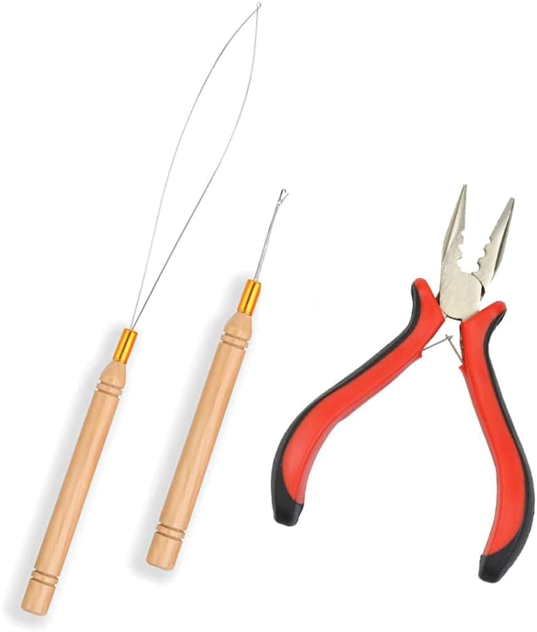 3Pcs Micro Link Hair Feather Extensions Tool Sets 3 Holes Mini Hair Pliers Micro Pulling Needle and Loop Threader for Microlink Rings Hair Extension Beads