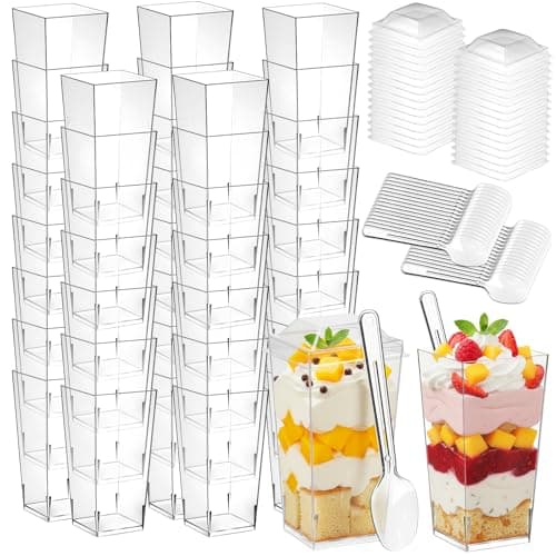 150 Pcs 3 Oz Mini Dessert Cups with Lids & Spoons, Reusable Plastic Parfait, Pudding & Shooter Cups for Parties, Ideal for Ice Cream, Fruit, and Cake, Clear Dessert Cups, Vasos para Postres con Tapa