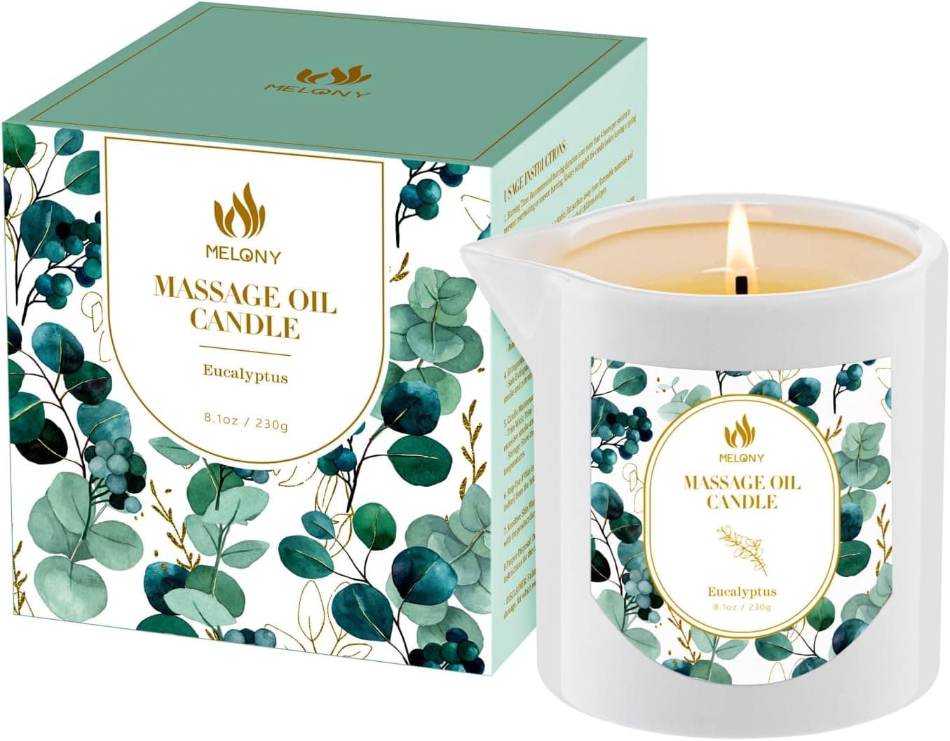 MELONY Massage Oil Candle, Essential Oil Infused, 8.1OZ, Low Temp Body Oil Candle, Intensive Skin Treatment Candle,Natural Soy Wax Lotion Candle for Relaxation, Romantic Gifts (Eucalyptus)