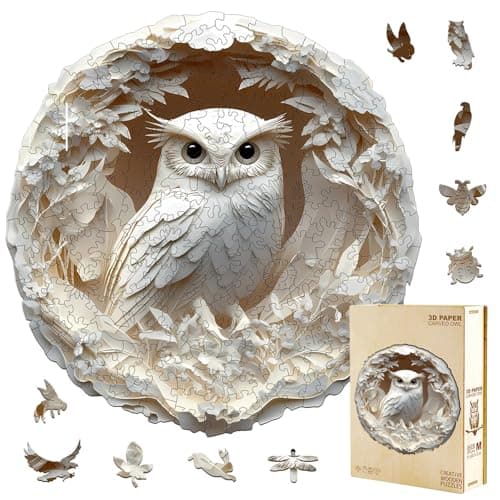 Jollitot Wooden Puzzles Adults 300 Pieces White Owl Animal Shaped Wood Puzzle with Unique 3D Paper Carved Effect Challenging Jigsaw Puzzles Christmas Birthday Gifts for Women Mom Wall Decor133in