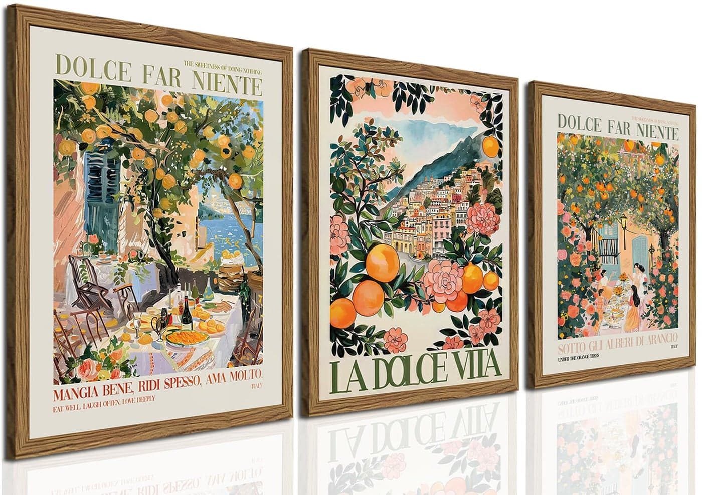 Italy Travel Wall Art Set of 3 Amalfi Coast Wall Decor Trendy Italian Food Kitchen Poster Canvas Prints Vintage City Landscape Artwork for Dining Room Living Room 12x16 inch Wood Framed