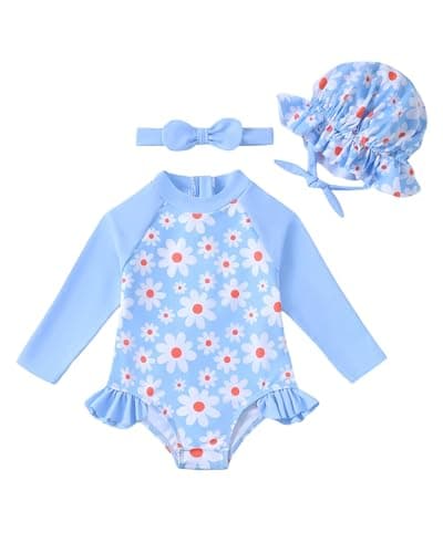 SODLON Baby Girl Swimsuit 6-9 Months 9-12 Month Girls Long Sleeve Bathing Suit Ruffle Rash Guard Light Blue Daisy One-Piece Infant Bathing Suit Beach Gifts Swimwear with Hat & Headband