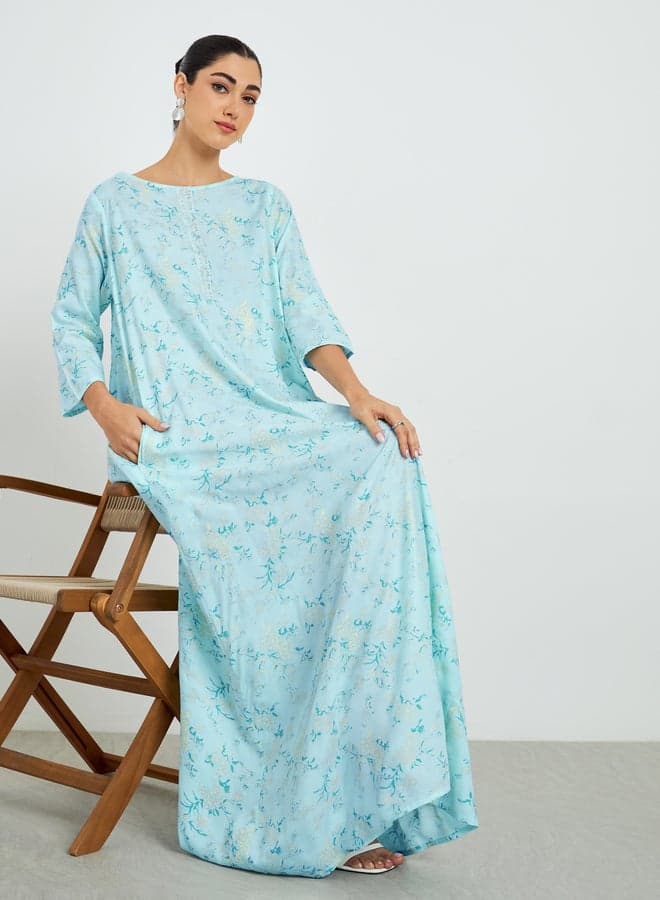 Blue Floral Printed A-Line Jalabiya