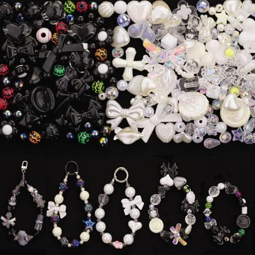 LAIDANLA Black and White Assorted Acrylic Beads for Bracelets Jewelry Making Aesthetic Random Mix Cute Beads Flower Star Heart Bow Butterfly Bear Candy Beads for DIY Necklace Keychain 160g