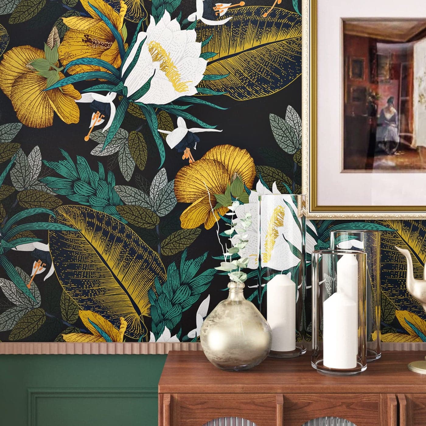 WESTICK Floral Peel and Stick Wallpaper Dark Vintage Wallpaper Black Gold Leaves Floral Contact Paper Removable Tropical Peel and Stick Flower Wall Paper for Bedroom Walls Cabinets Vinyl 175 x 118