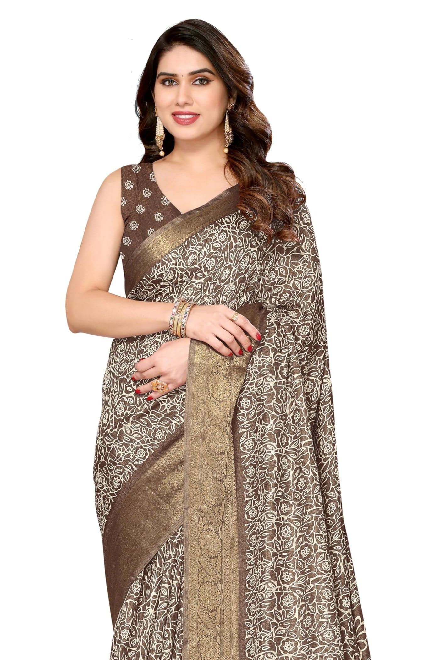 MIRCHI FASHION Women Dola Silk Floral Printed Saree with Blouse Piece (44213 - Dusty Brown, Off White)