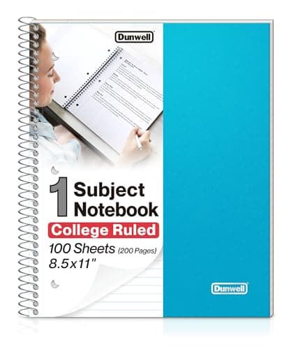 Dunwell 1-Subject Notebook College Ruled, (Blue) 100 Sheets (200 Pages), Perforated Paper, 3 Hole Punched, Spiral Notebook 8.5 x 11, Protective Plastic Cover, Divider with Pockets