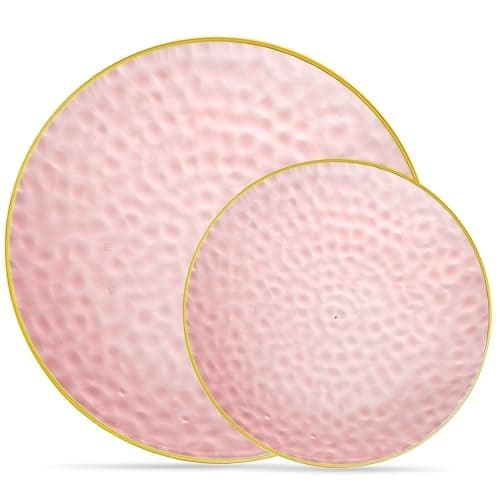 PLASTICPRO 32 Piece Combo Plates Set includes 16-7'' inch Plate & 16-10'' inch Plates Pink Hammered Plastic Party Plate Premium heavyweight Elegant, Disposable, Tableware, Dishes,