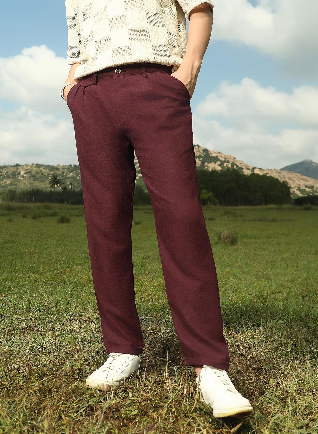 Men's Burgundy Red Velvique Tailored Trousers For Casual Wear | Mid-Rise | Regular Fit | Button Closure | Trousers Crafted With Comfort Fit For Everyday Wear