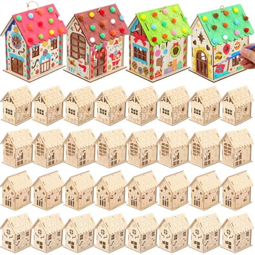 DoubleFill 36 Pcs Wood Gingerbread House Craft Kit for Kids DIY Wooden Christmas Birdhouse Craft Kits Holiday Village Houses Make a Gingerbread Wooden House for Xmas Party Game Supplies
