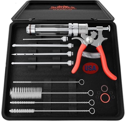 SpitJack Magnum Meat Injector Gun. Food Flavor Injection Syringe for Smoked BBQ Marinades and Meat Seasoning. 4 needles for Pork Butt, Beef Brisket, Turkey Breast.. 50ml Capacity. Made in the USA.