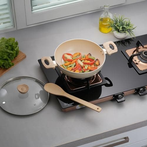 COOKAID Kadhai with Glass Lid 22cm 2 Litre | Neo Glide Series Non Stick | Ceramic Coating PTFE | ISI Certified | Aluminium Body | Induction Stovetop | Home & Kitchen Cookware Kadai for Cooking |