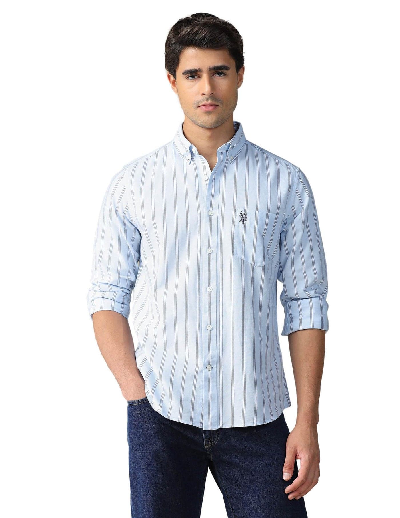 U.S.Polo Association Men's Vertical Striped Button Down Shirt (USSHTFX0748_Blue_39)