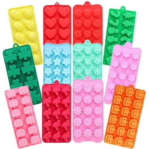 Lemonroad 12 Pcs Seasonal Silicone Mold Set Holiday Silicone Mold Spring Flower Candy Chocolate Rose Tulip Daisy Sunflower Flamingo Making for Mother Day Summer Spring 4th of July Cake Wax Candle