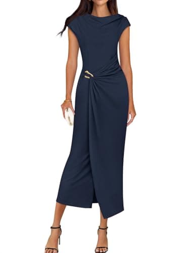 ZESICA Women's 2025 Summer Mock Neck Casual Bodycon Dress Cap Sleeve Elegant Cocktail Party Long Midi Dresses,Navy,Small