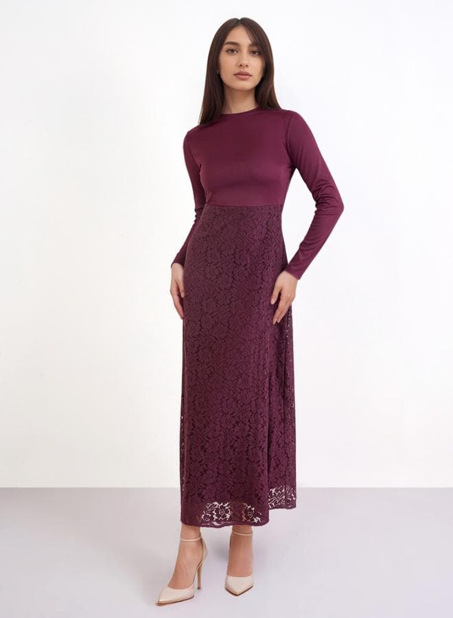 Styli Women Burgundy Solid Lace Long Sleeves Sheath Maxi Dress — L