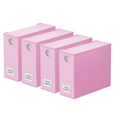 SpaceAid 4 Pack Bed Sheet Organizers and Storage, Foldable Sheet Organizer for Linen Closet, Sheets Set Folder Keeper with Window XL (Queen & King Size) Bedding Container (Pink, 4 Pack)