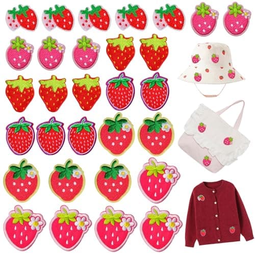 30 PCS Strawberry Iron on Patches Cute Red Strawberry Embroidered Applique Decorative Patches for DIY Sew onIron on Clothes Dress Coats Hat Socks Shoes Backpacks Bag DIY Accessories