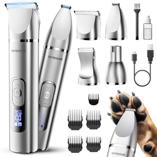 oneisall 4 in 1 Dog Grooming Kit with LCD Display Dog Hair Trimmer for Paw Nail Grinder Rechargeable Cordless Low Noise IPX7 Waterproof Pet Clippers