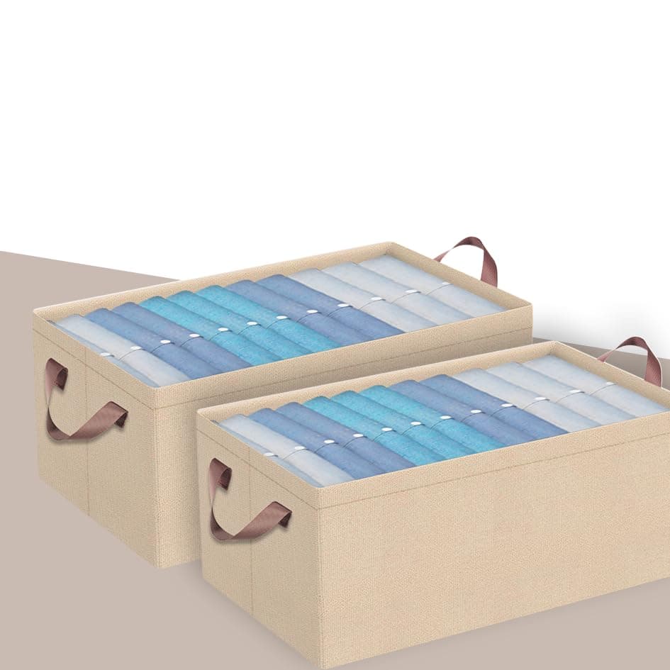 Prime Pick Storage Box Foldable Clothing Organizer Breathable Non Woven Fabric Space Saving Wardrobe Storage Bin with Easy Carry Handles Washable Clothes Organizer Beige Pack of 2