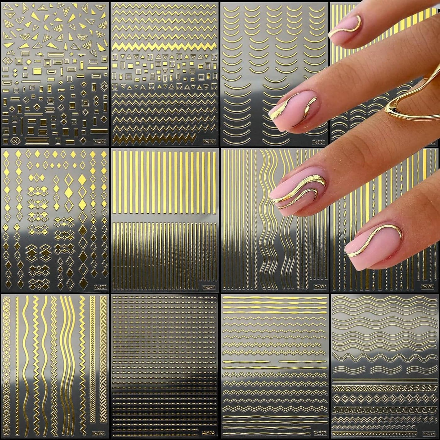 JMEOWIO 12 Sheets Gold Line French Tip Nail Art Stickers Decals SelfAdhesive Nail Supplies Nail Art Design Decoration Accessories