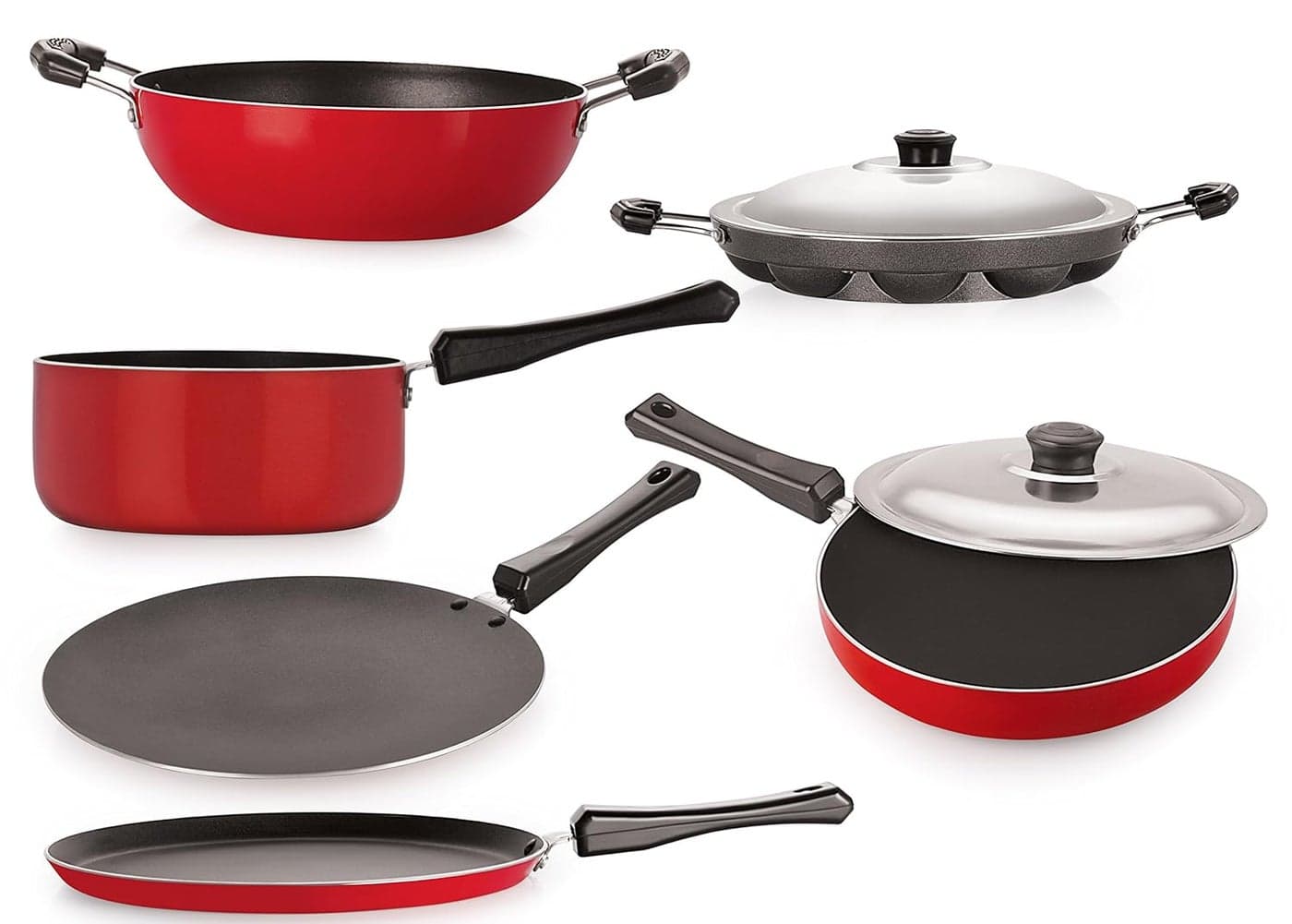 Nirlon Aluminum Cookware Set Standard,6-Pieces,Black and Red