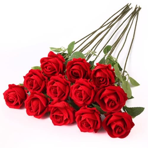 NEYSXYU 12PCS Realistic Red Silk Roses Bouquet, Artificial Flowers Fake Long Stem Roses, Fake Red Roses for Mother's Day, Home Decor & Wedding
