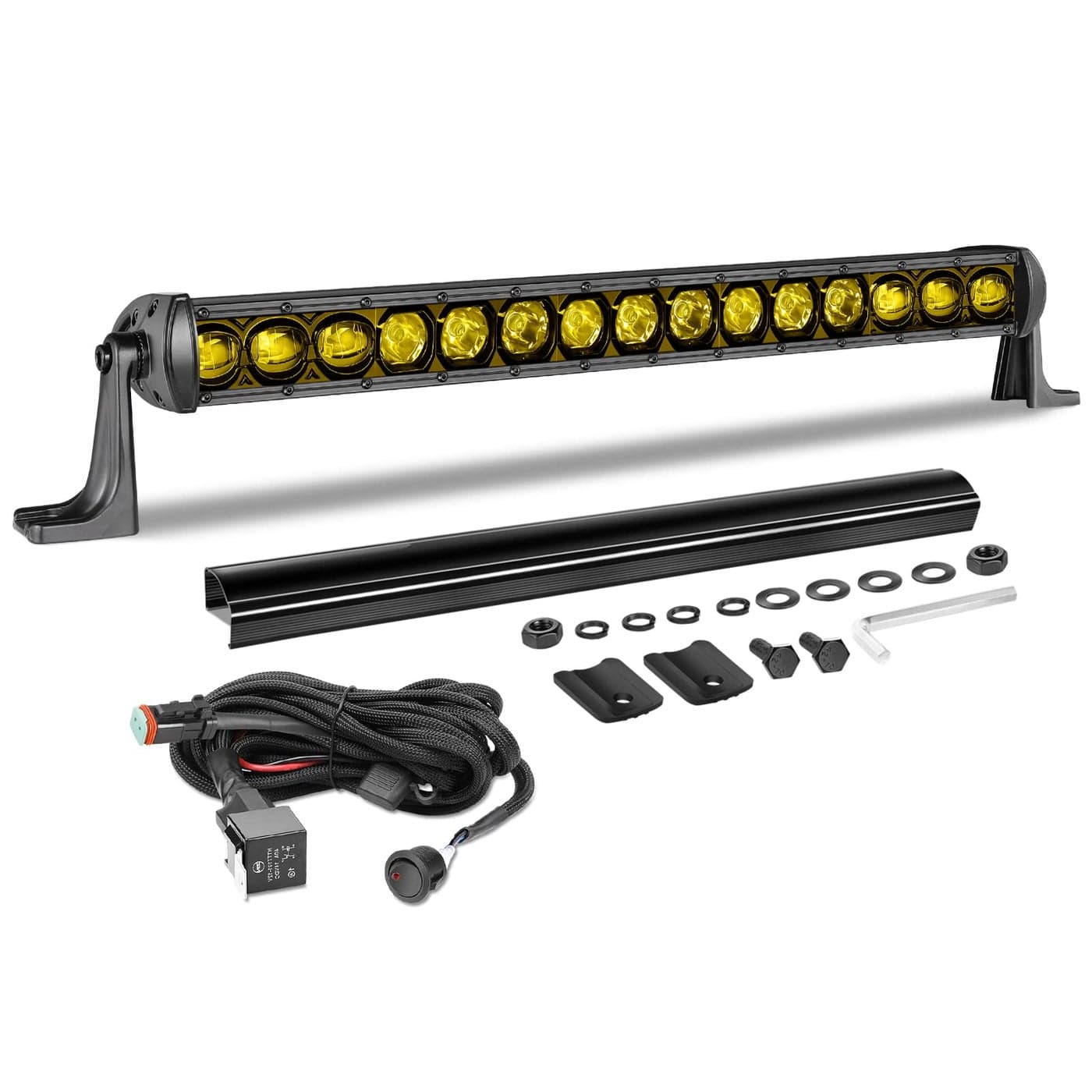 AKD Part 20 Inch Amber Light Bar 105W Slim Single Row LED Light Kit wWiring Harness Black Cover Spot Flood Combo Off Road Driving Light Bumper Grill Light for Trucks Pickup SUV UTV ATV Snowmobile