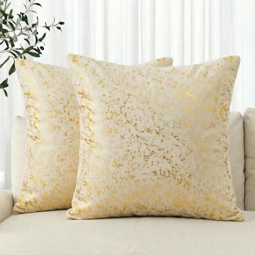 AVOIN colorlife Gold Foil Velvet Throw Pillow Covers 18 x 18 Inch, Beige Luxury Accent Cushion Case Glitter Decoration for Home Sofa Couch Set of 2