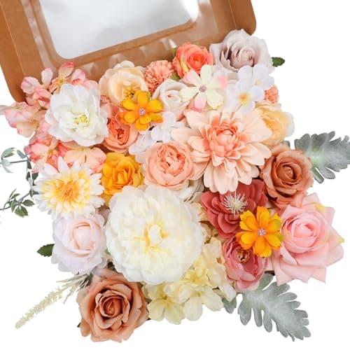 Garisey Artificial Flowers Combo Mix Silk Flowers Roses Peonies Dahlias with Stems for DIY Wedding Bridal Bouquet Baby Shower Table Centerpieces Home Decor Floral ArrangementsChampagne Powder