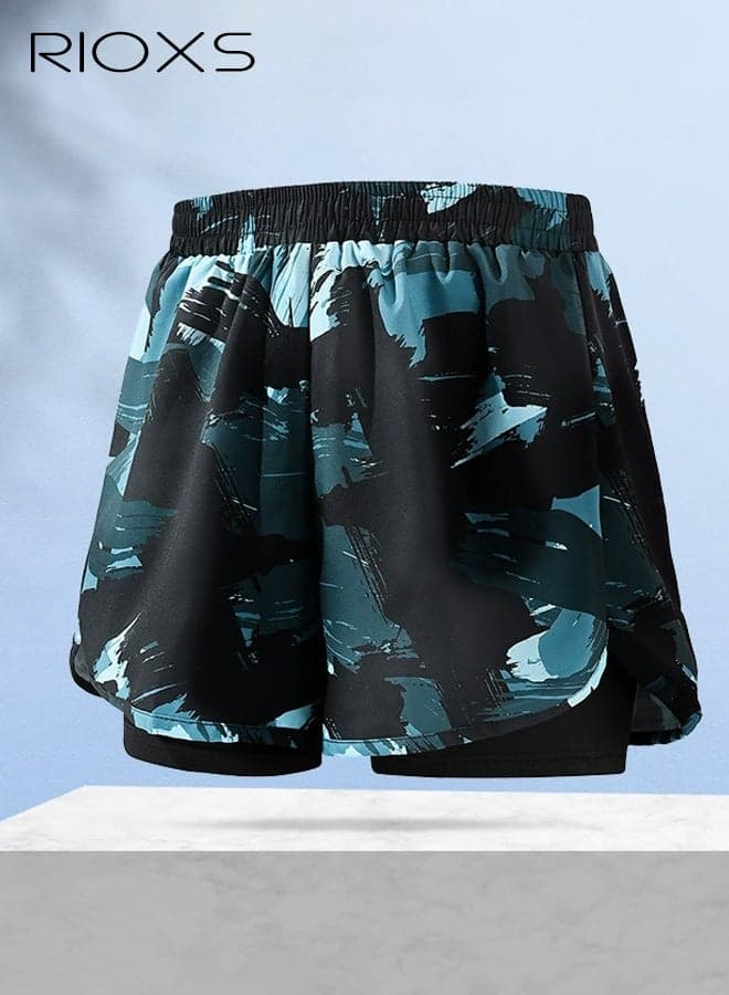 Men's 2-in-1 Gym Shorts, 7 inch Quick Dry Drawstring Shorts, Comfy Breathable Swim Trunks, Mens Beach Trunks with Mesh Lining, Dual-layer Swim Shorts with Side Pockets, Stretch Athletic Workout Shorts For Men, Fitness Running Training Surfing Shorts- Green Printed Football Shorts