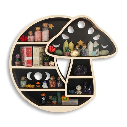 FNYDOX Cute Mushroom Decor Wooden Mushroom Floating Shelves for Wall Moon Shelf Wall Decor Crystal Rock Gem Stone Display Shelf Trinket Knick Knack Shelf Mushroom Gifts for Mushroom Lovers