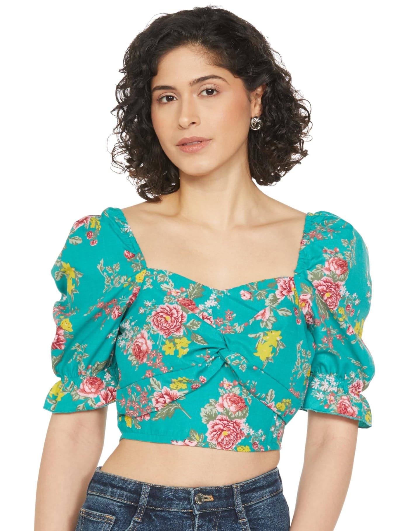 Tokyo Talkies Floral Printed Sweetheart Neck Twisted Crop Top
