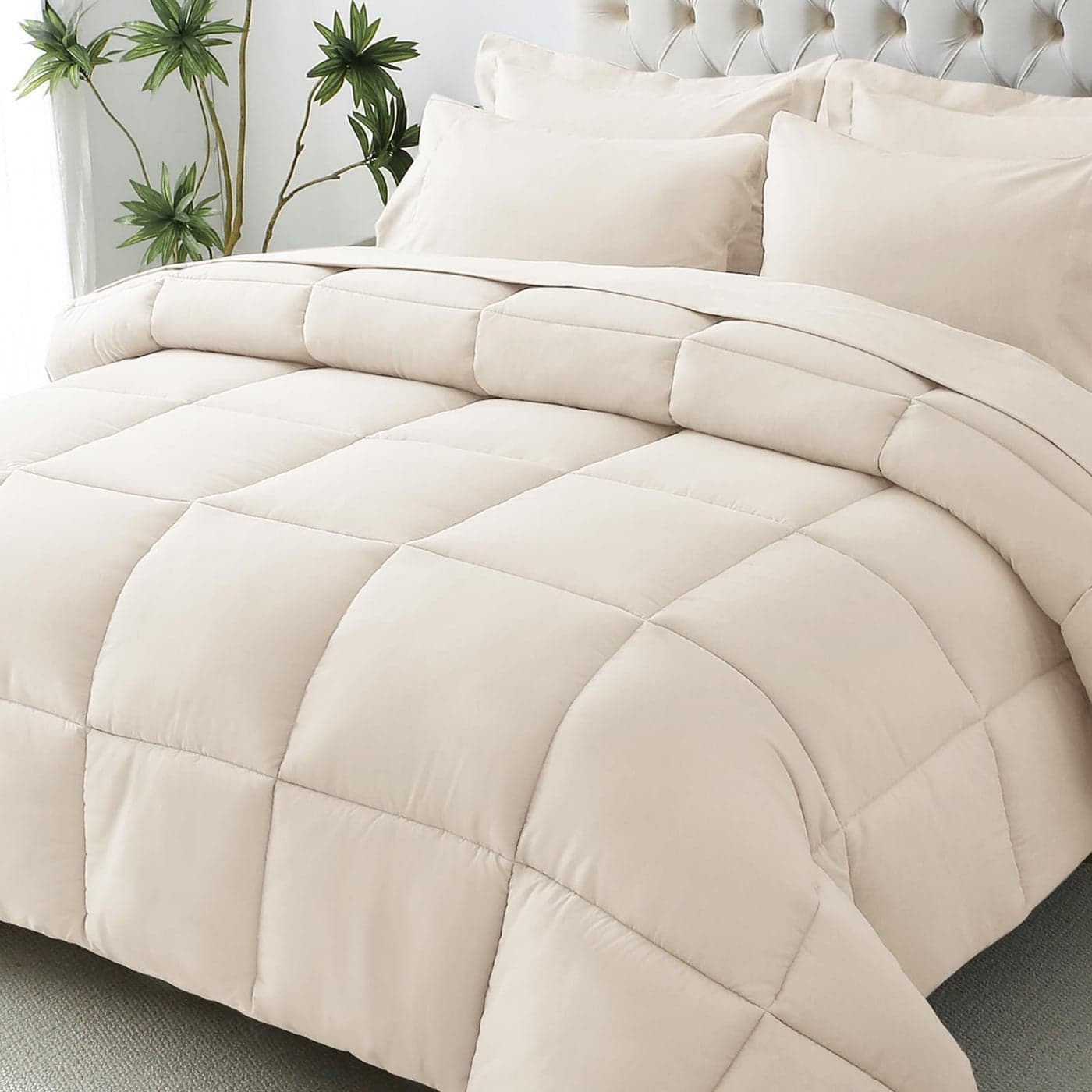 JOLLYVOGUE Queen Comforter Set UltraSoft Bed in a Bag Queen Size 7 Pieces OekoTEX Certified Bedding Set with Down Alternative Comforter Sheets Pillowcases Shams Beige