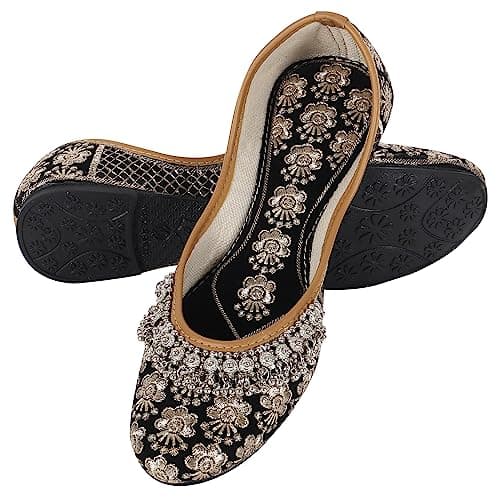 DFR Women Comfortable Cushioned Traditional Ethnic Rajasthani Embroidered with Payal Punjabi Style Mojari Jutti Fancy Bellies Shoe Woman Black3, UK Size 7