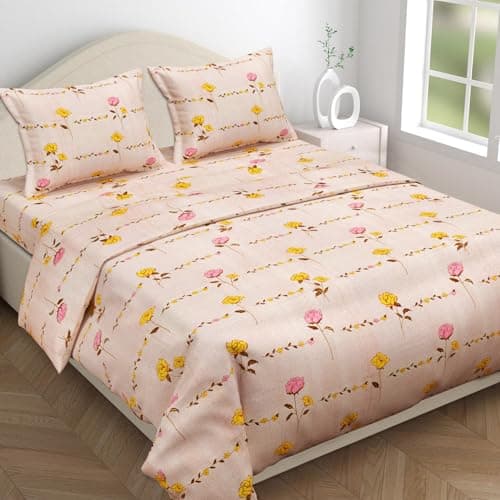 BSB HOME Kingston Collection Super King Size Bedsheets with 2 King Size Pillow Covers| Luxury Soft Sheets (3pcs Set) |108x108 inches, Leaf Printed (Floral, Beige and Yellow)