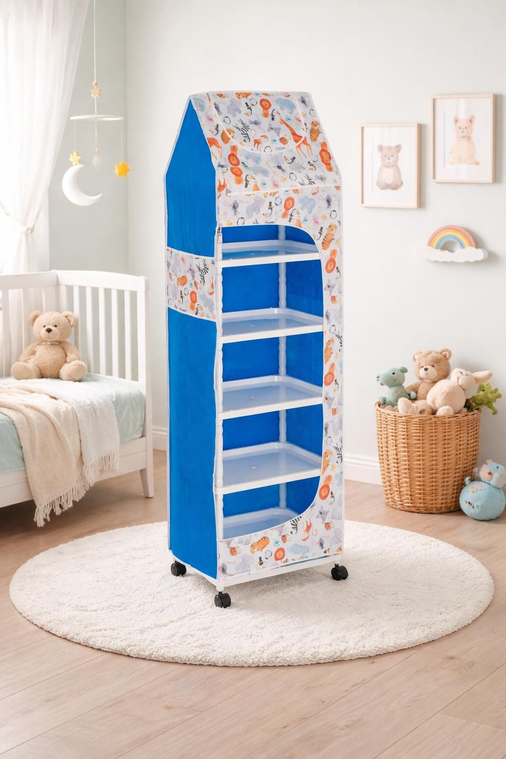 YouCopia Baby Wardrobe Plastic Multipurpose 6 Shelve, Foldable, Collapsible Wardrobe for Kids Clothes/Toy/Book, Baby Cupboard for Clothes Drawer Liner Organizer Cartoon with Wheels (Animal)