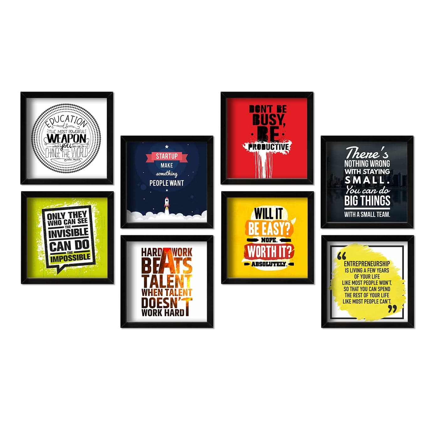 PAPER PLANE DESIGN Motivational Quotes Wall Framed Poster, Office Decor, Inpirational Frame with Quotes.Set of 8 (10 x 10 Inches) (MDF POSTERS)
